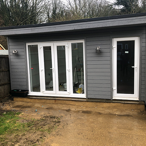 Rear elevation and garden room, Moorhall Road